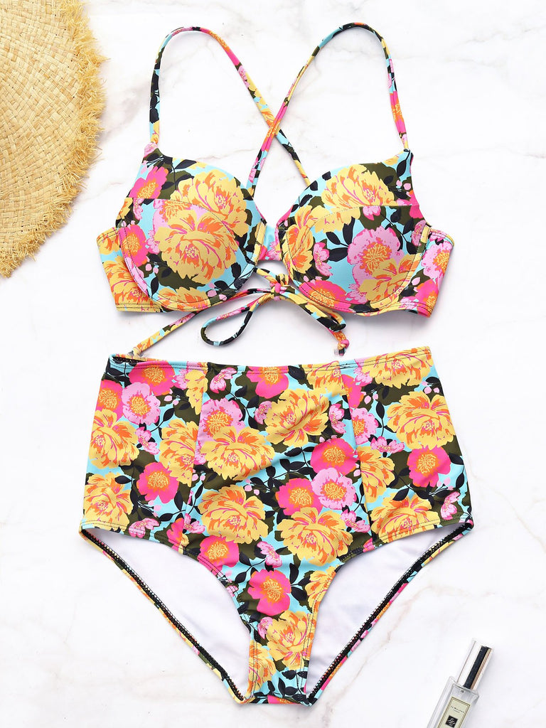 V-Neck Sleeveless Floral Print Criss-Cross Bikini Set Swimwear