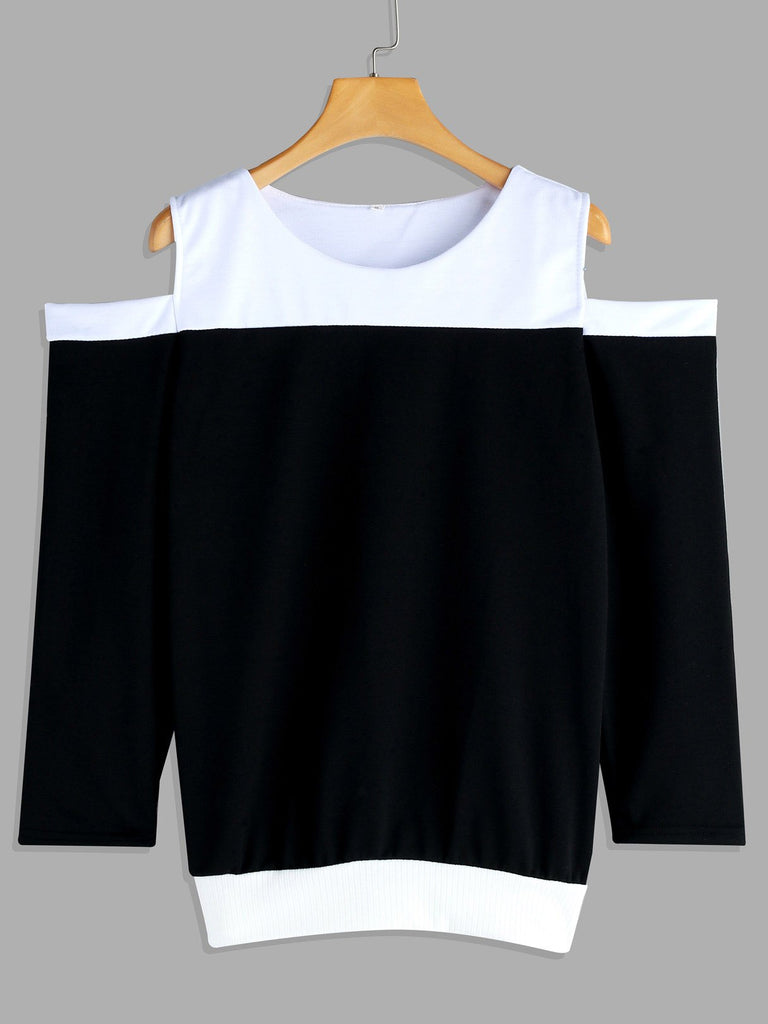 Round Neck Cold Shoulder Plain Cut Out Long Sleeve Black T-Shirt