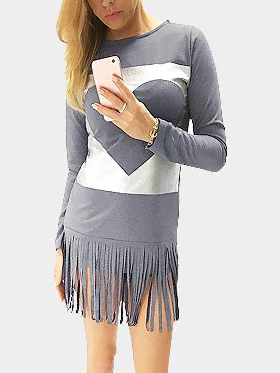 Grey Round Neck Long Sleeve Tassel Hem Casual Dresses