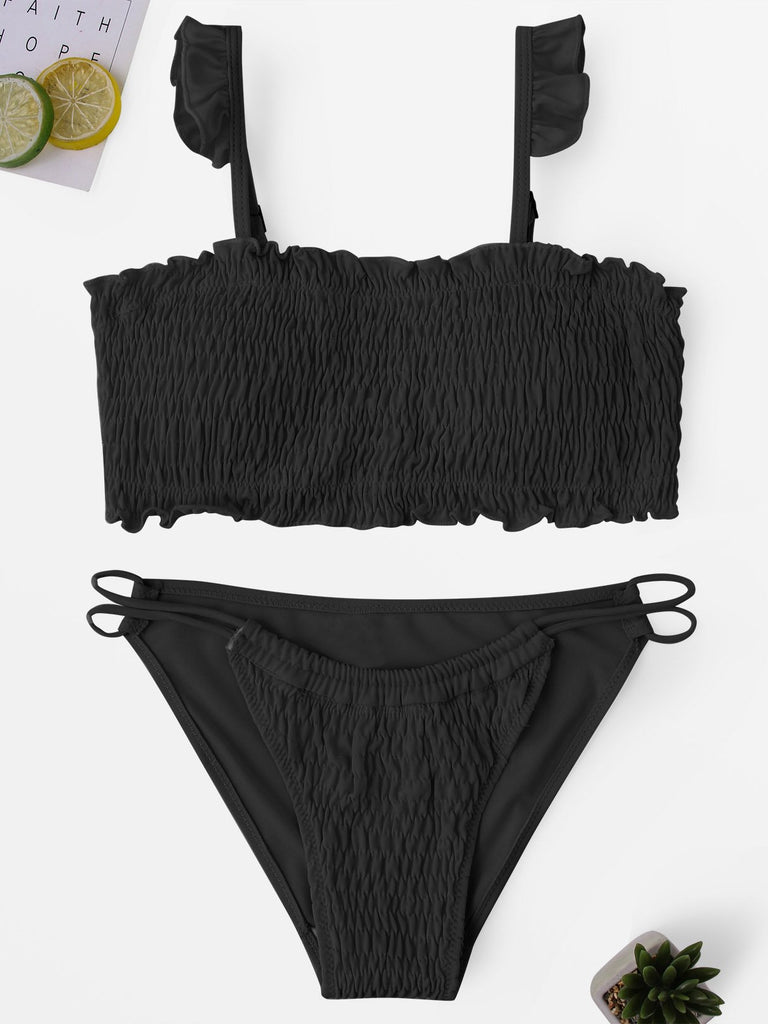 Square Neck Sleeveless Plain Pleated Wireless Two Piece Bikinis