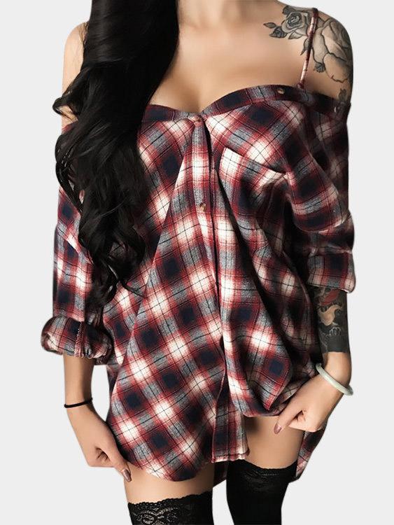 Off The Shoulder Long Sleeve Grid Irregular Hem Mini Dress