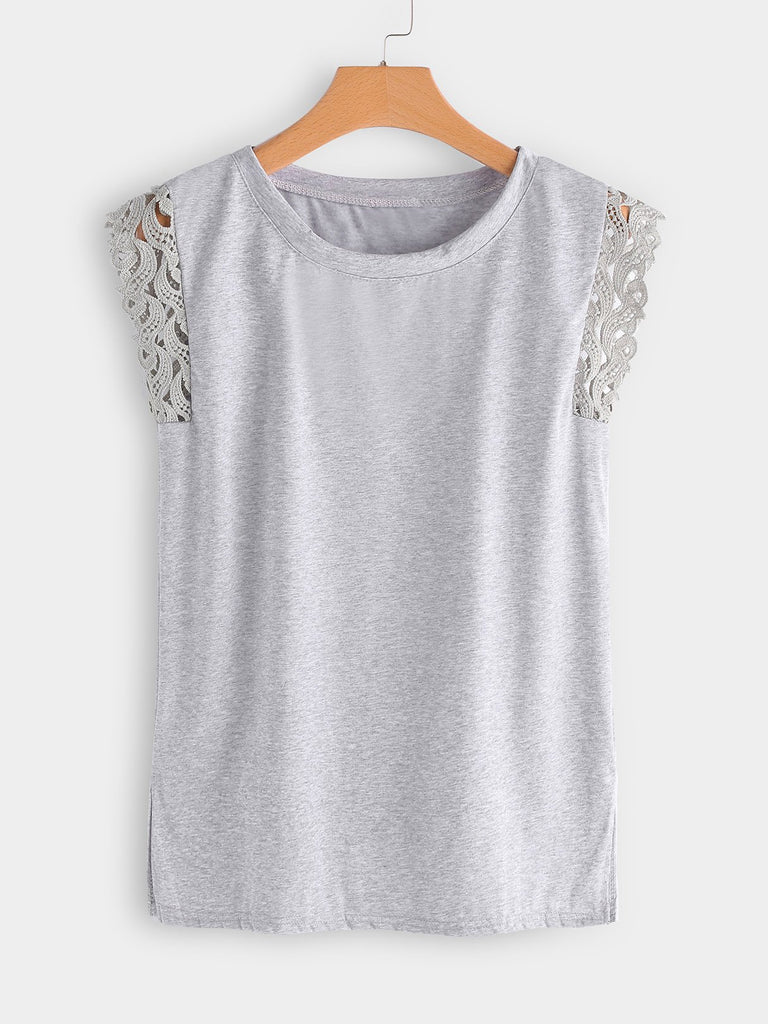 Round Neck Plain Lace Slit Sleeveless Grey Plus Size Tops