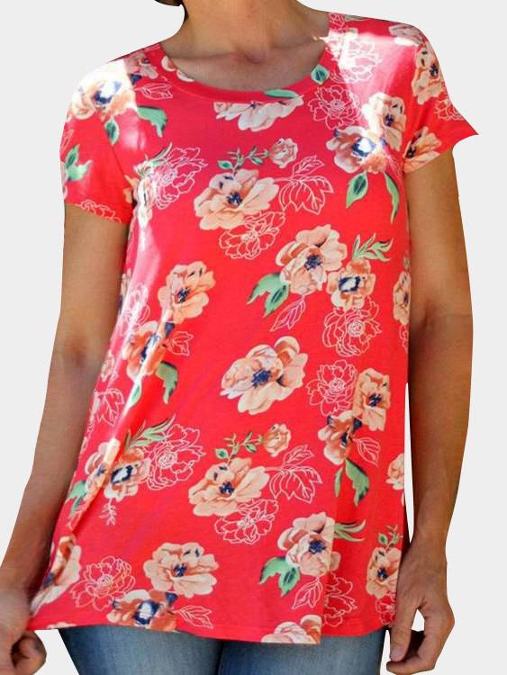 Round Neck Floral Print Short Sleeve Red T-Shirts