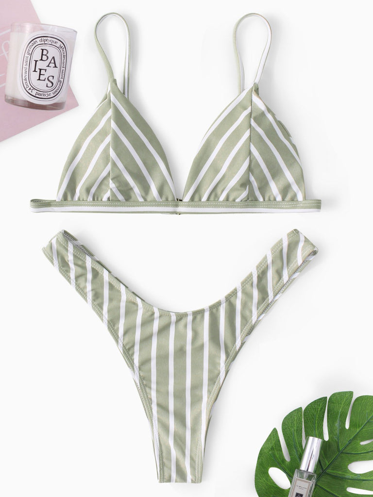 Green V-Neck Sleeveless Stripe Backless Two Piece Bikinis
