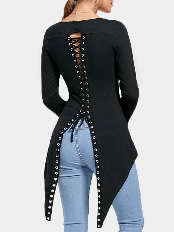Round Neck Plain Lace-Up Long Sleeve Irregular Hem Black Top