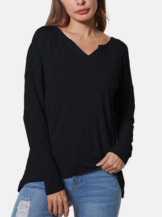 Plain V-Neck Long Sleeves Tees