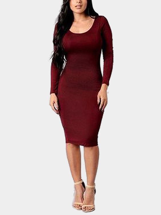 Burgundy Round Neck Long Sleeve Backless Bodycon Hem Dresses