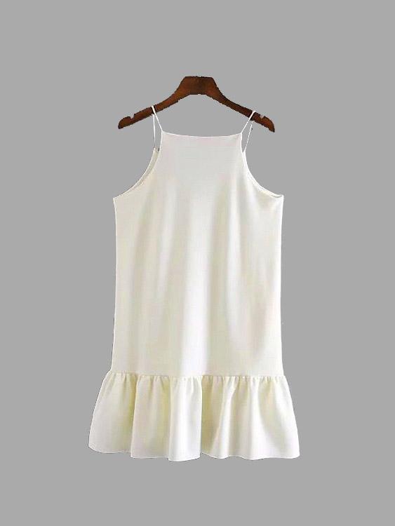 White Round Neck Sleeveless Flounced Hem Mini Dresses