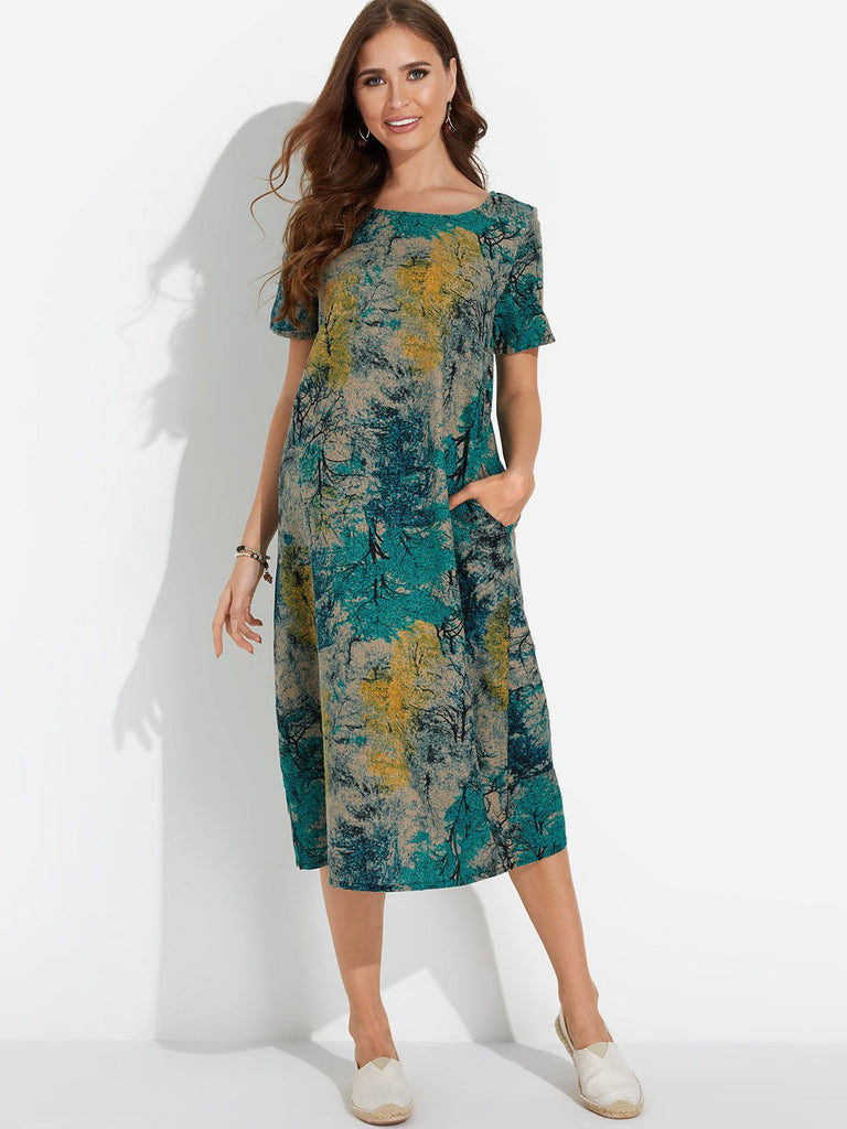 Blue Round Neck Short Sleeve Floral Print Midi Dress