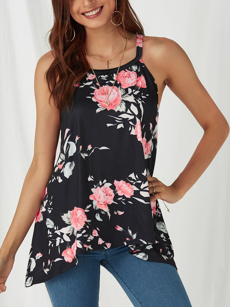 Floral Print Sleeveless Black Camis