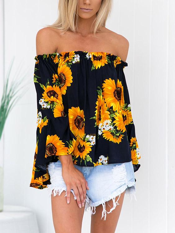 Off The Shoulder Floral Print 3/4 Sleeve Blouses