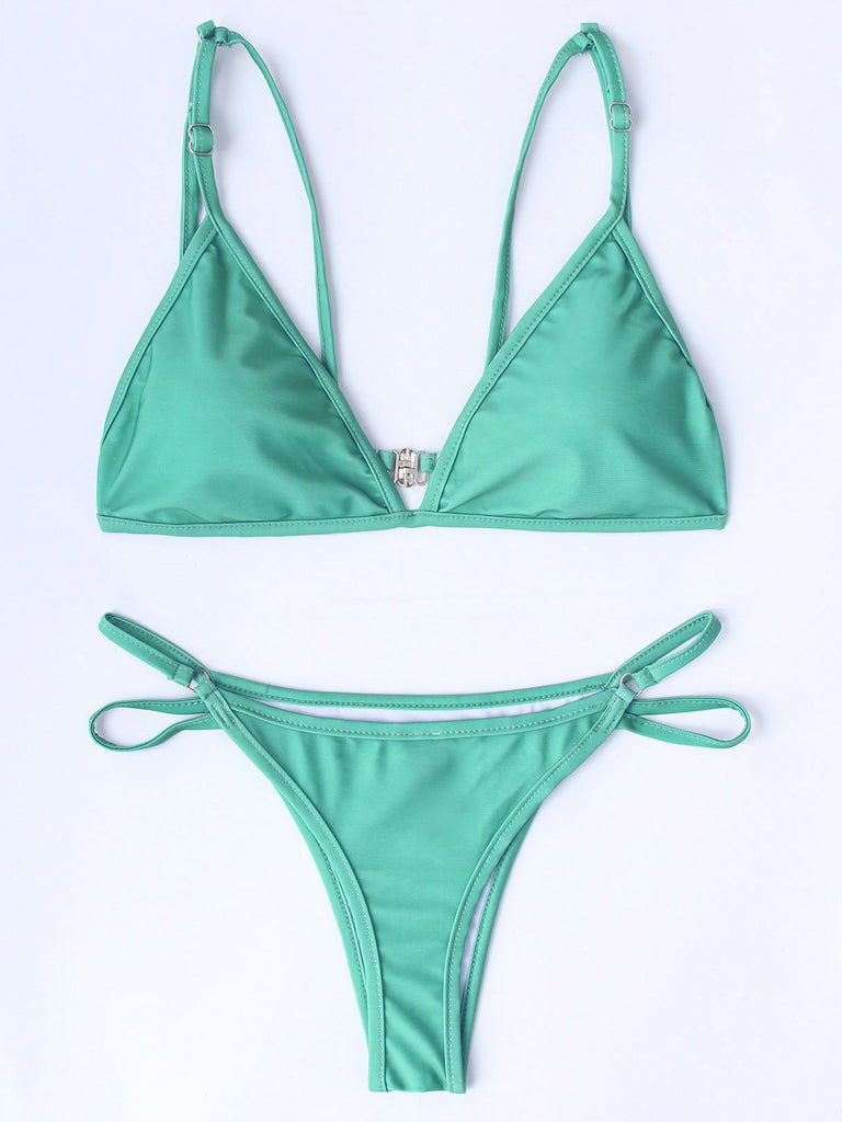Green V-Neck Sleeveless Plain Backless Cut Out Bikinis