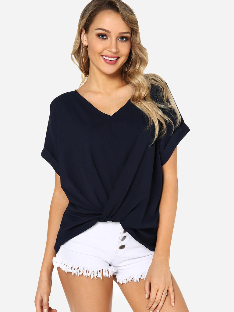 V-Neck Plain Pleated Short Sleeve Ruffle Hem Blue T-Shirts