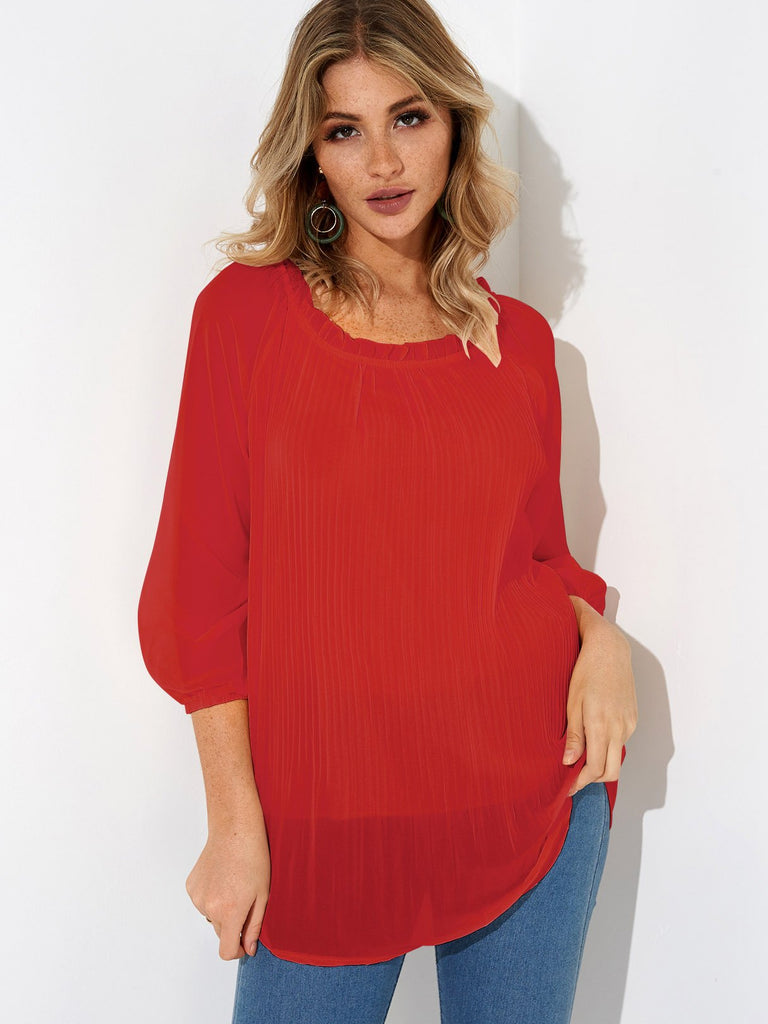 Round Neck Pleated Long Sleeve Blouses