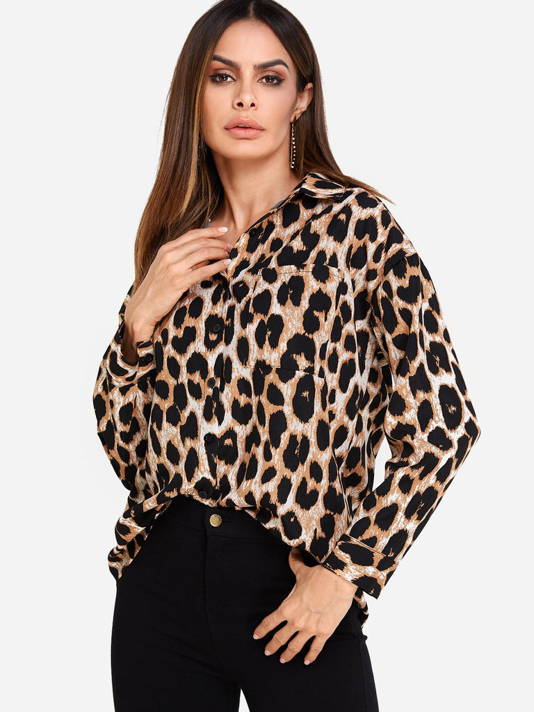 Classic Collar Leopard Side Pockets Long Sleeve Blouses