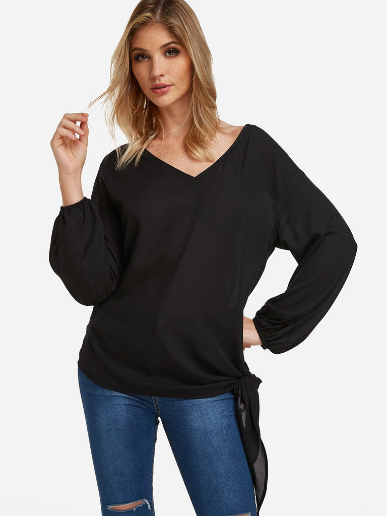 V-Neck Self-Tie Long Sleeve Black Blouses