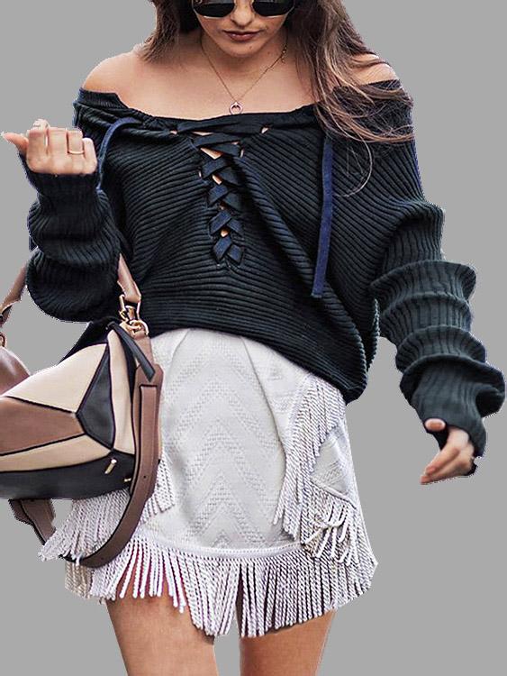 Knitted V-Neck Lace-Up Front Long Sleeve Top
