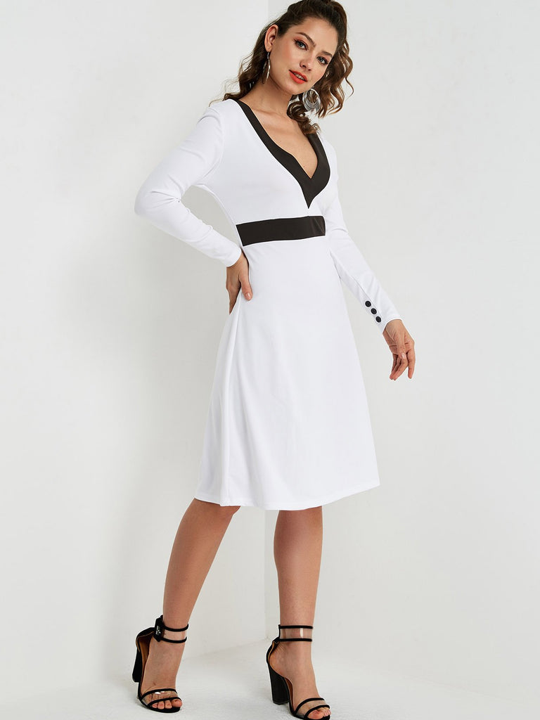 V-Neck Long Sleeve Midi Dress