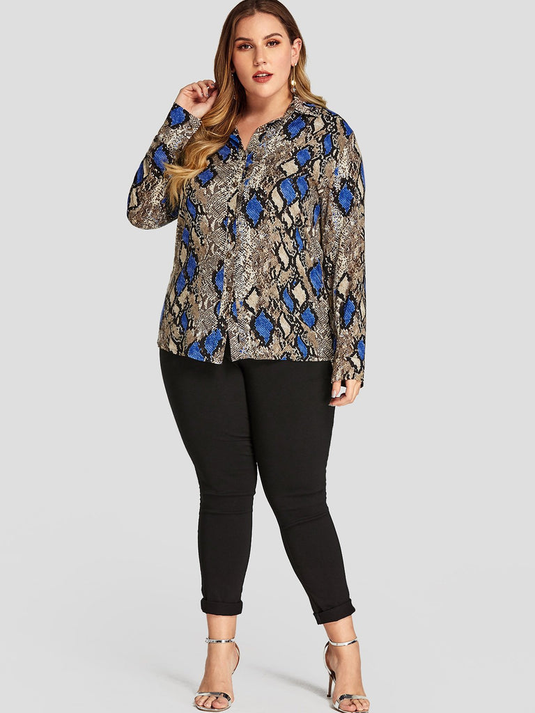 Lapel Collar Snake Floral Print Long Sleeve Plus Size Tops
