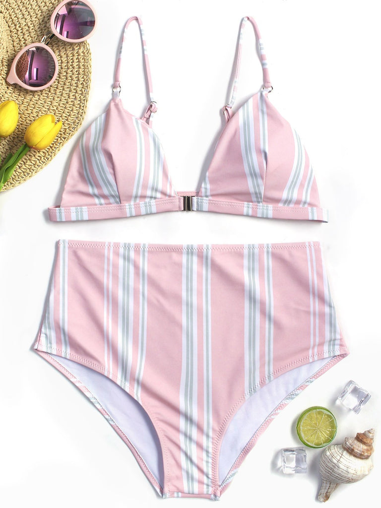 Pink V-Neck Sleeveless Stripe Spaghetti Strap High Waist 2 Piece Bikinis