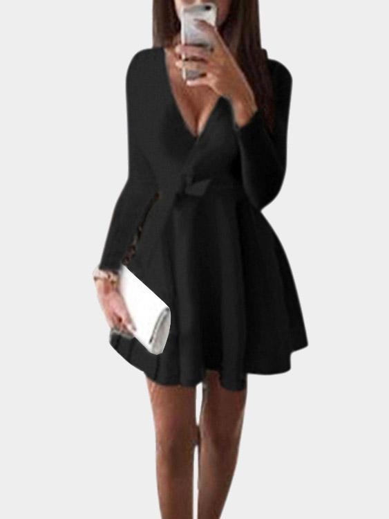 Black Deep V-Neck Long Sleeve Plain Ruffle Hem Mini Dress