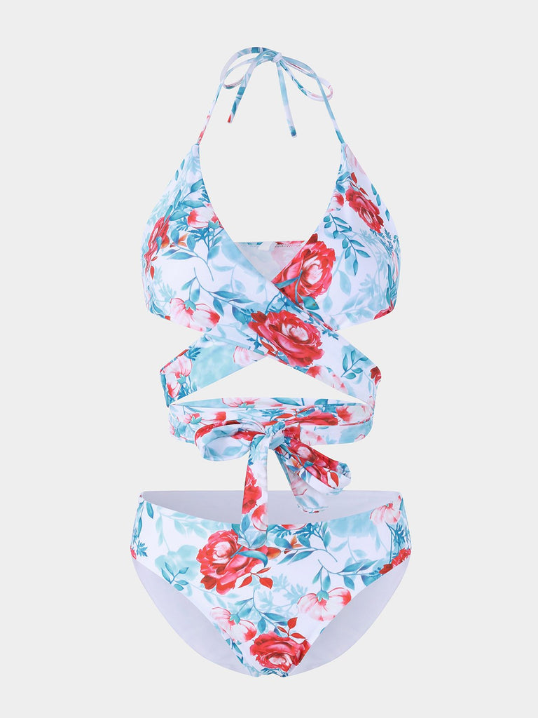 Halter Sleeveless Floral Print Backless Wireless Bikinis