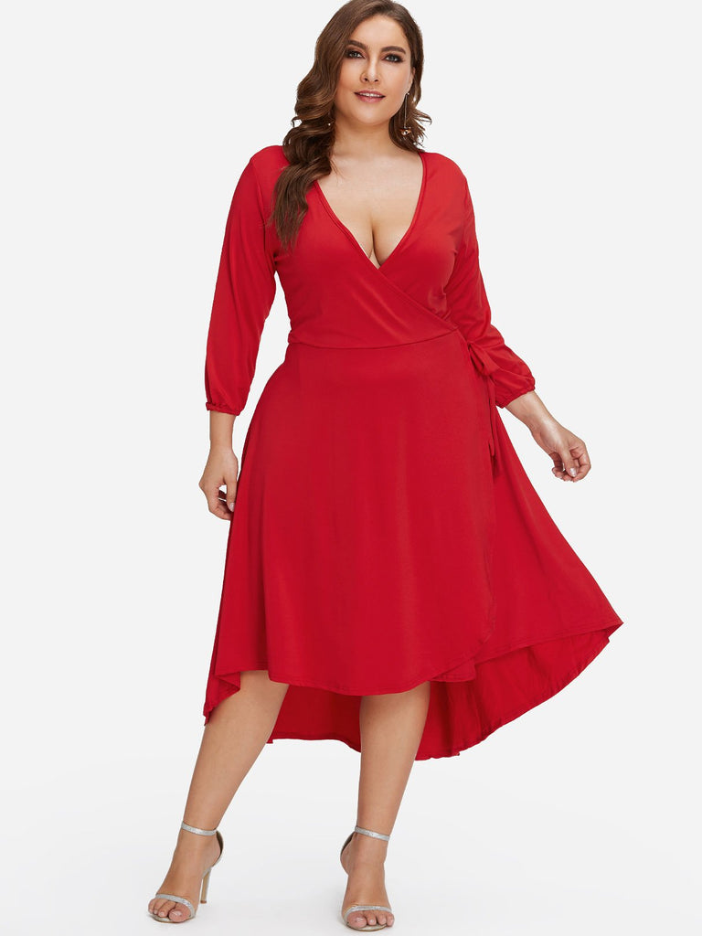 V-Neck Plain Self-Tie Wrap 3/4 Sleeve Plus Size Dress