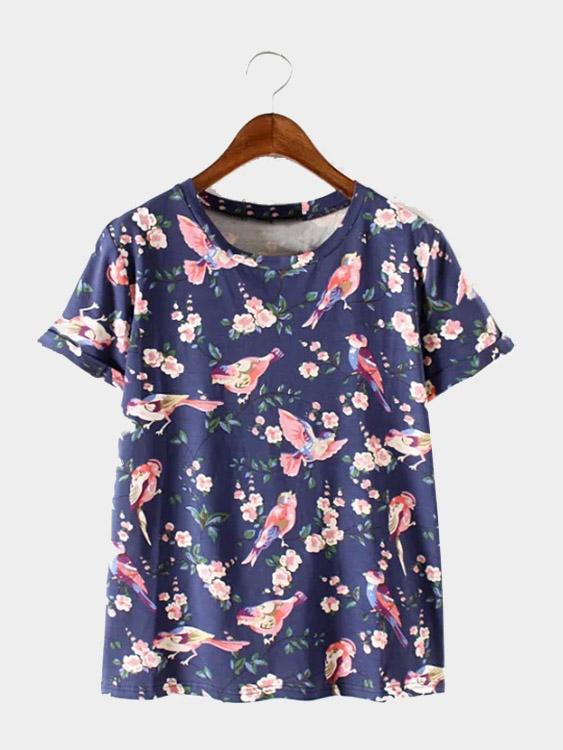 Round Neck Floral Print Short Sleeve Navy Tee