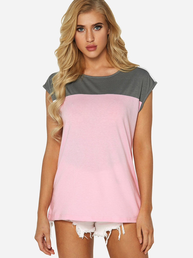 Crew Neck Plain Sleeveless Pink T-Shirts