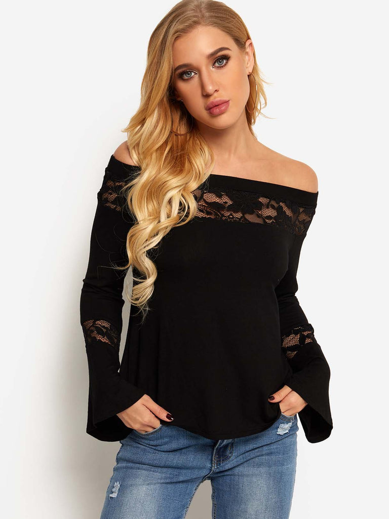 Off The Shoulder Plain Lace Long Sleeve T-Shirts