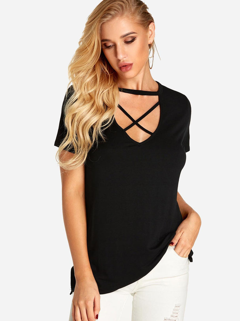 Deep V Neck Plain Crossed Front Short Sleeve Black T-Shirts