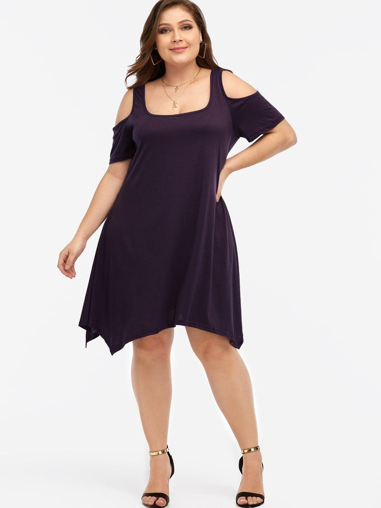 Cold Shoulder Plain Short Sleeve Handkerchief Hem Purple Plus Size Dresses