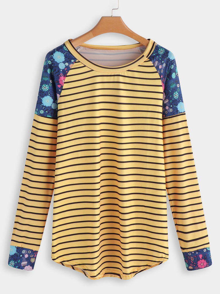 Round Neck Stripe Floral Print Long Sleeve Curved Hem Yellow T-Shirts