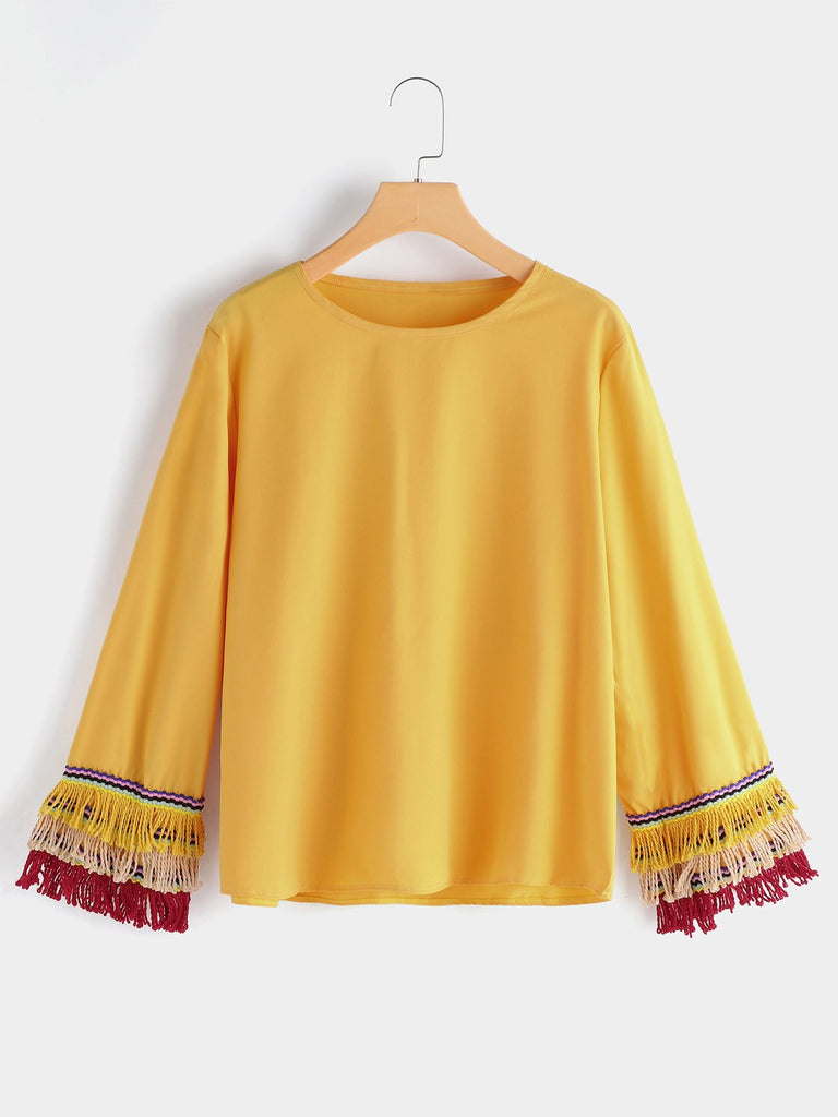 Round Neck Tassel Long Sleeve Yellow Top