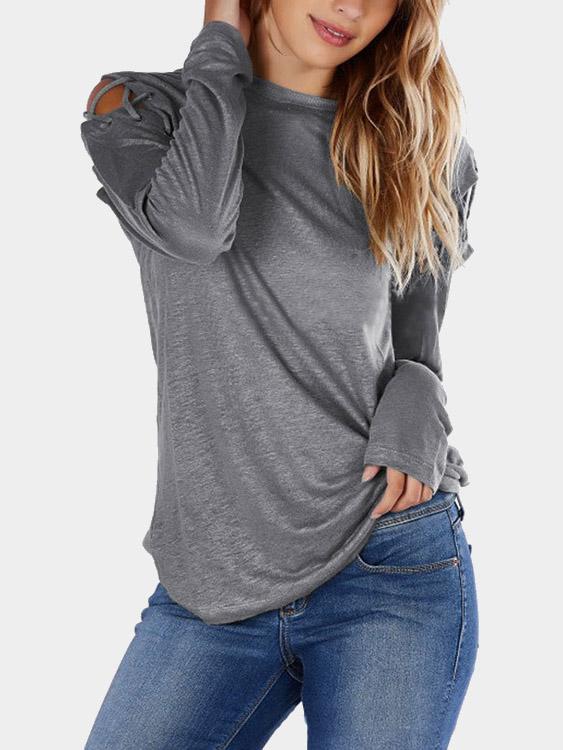 Round Neck Cold Shoulder Long Sleeve Gray T-Shirts