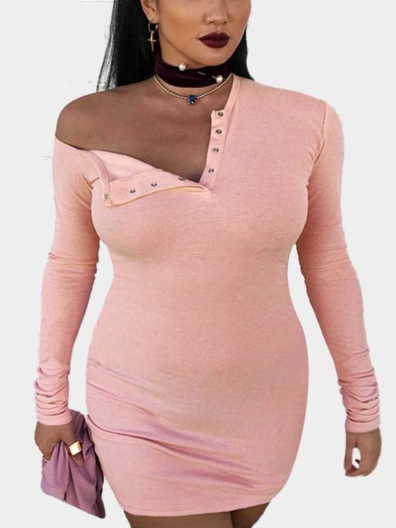 Pink V-Neck Long Sleeve Plain Dresses