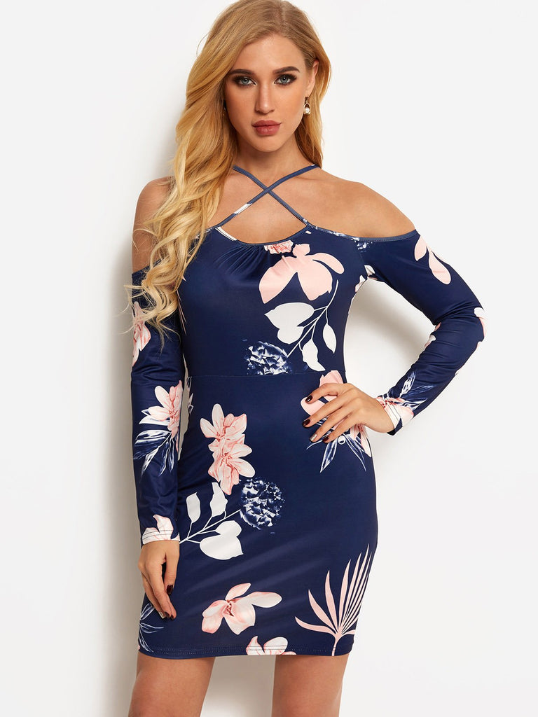 Navy Crossed Collar Cold Shoulder Long Sleeve Floral Print Crossed Front Dresses