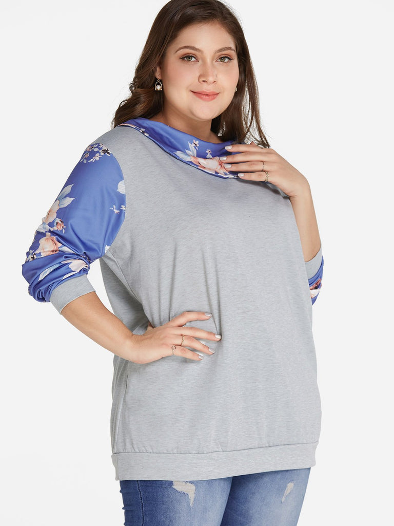 Round Neck Floral Print Long Sleeve Plus Size Tops