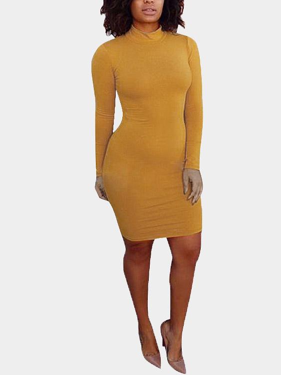 Crew Neck High Neck Long Sleeve Plain Bodycon Mini Dresses