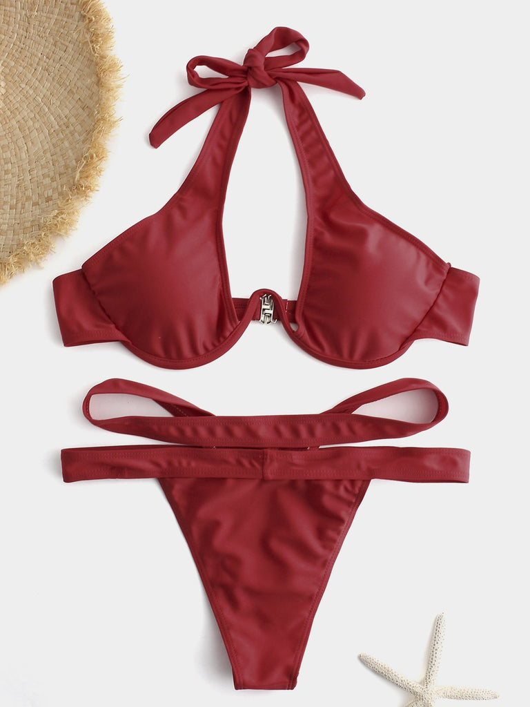 Red V-Neck Sleeveless Plain Backless Cut Out Bikini Set Swimwear