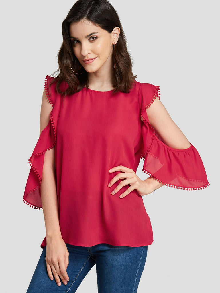 Round Neck Cut Out Short Sleeve Red Blouses