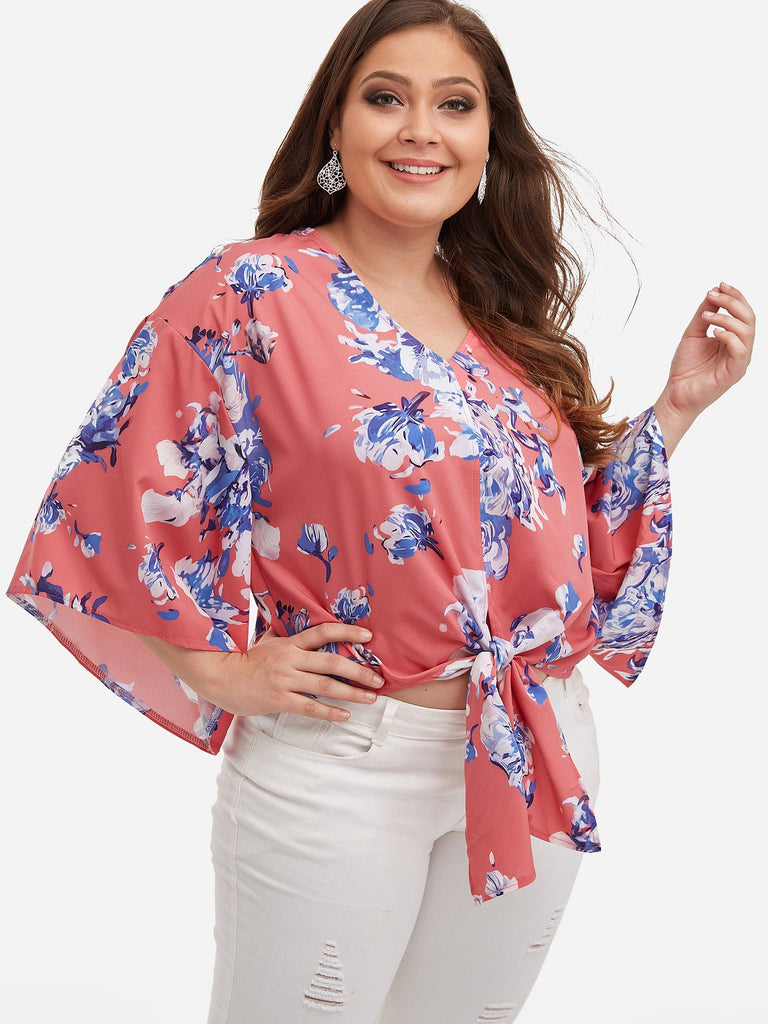 V-Neck Floral Print Self-Tie 3/4 Sleeve Plus Size Tops