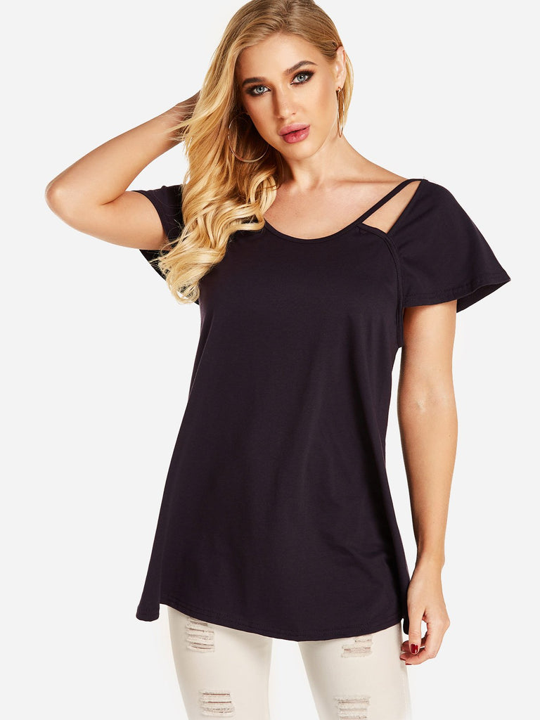Round Neck Plain Backless Hollow Short Sleeve Irregular Hem T-Shirts