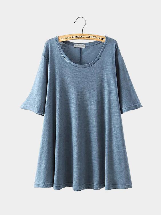Round Neck Half Sleeve Slit Hem Blue T-Shirts