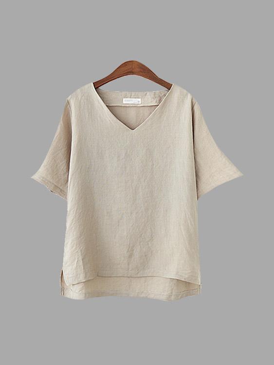 V-Neck Short Sleeve Irregular Hem Grey T-Shirts