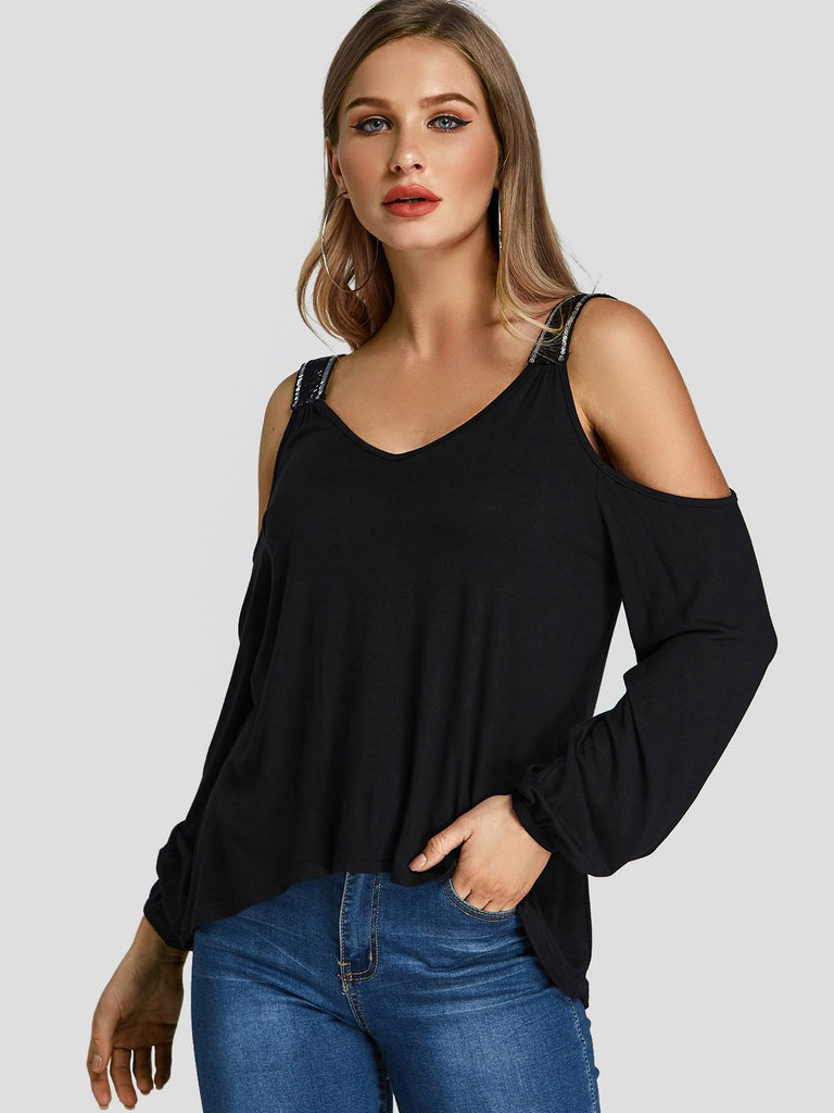 V-Neck Cold Shoulder Cut Out Sequins Embellished Long Sleeve Curved Hem Black T-Shirts