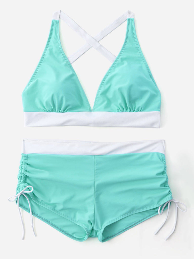 V-Neck Backless Lace-Up Pleated Sleeveless Bodycon Hem Green Plus Size Swimwear