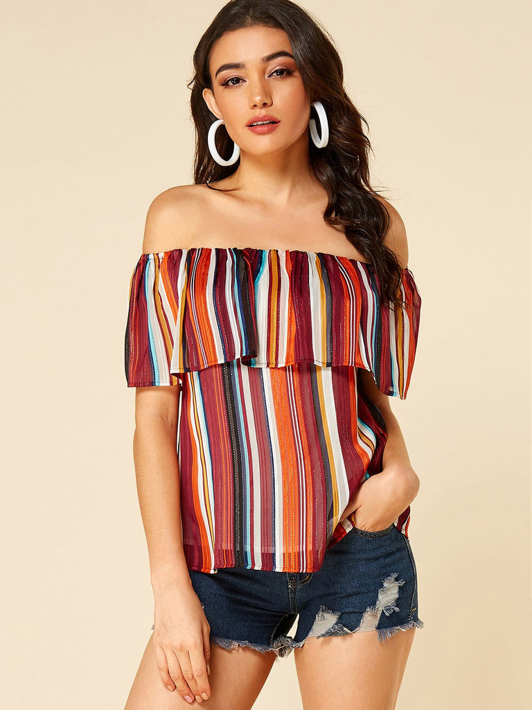 Off The Shoulder Stripe Short Sleeve Blouses