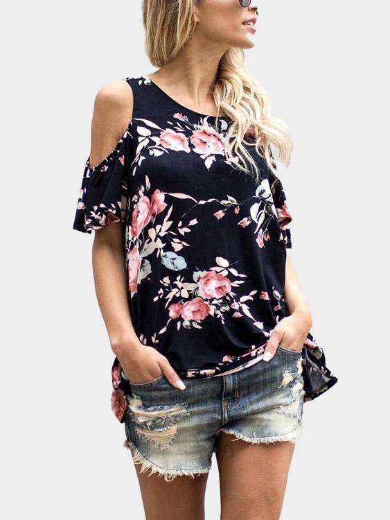Round Neck Floral Print Short Sleeve Tee