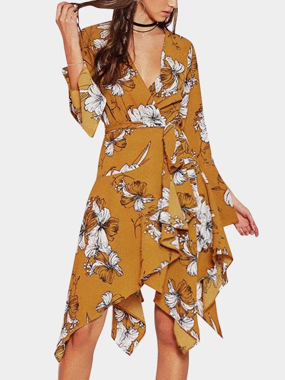 Yellow Deep V Neck Long Sleeve Floral Print Crossed Front Slit Irregular Hem Mini Dress